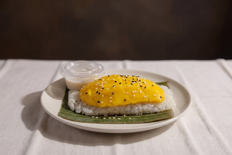 Mango sticky rice with sesame seeds and a side of coconut milk on a white plate.