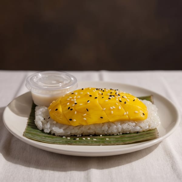 Mango sticky rice with sesame seeds and a side of coconut milk on a white plate.