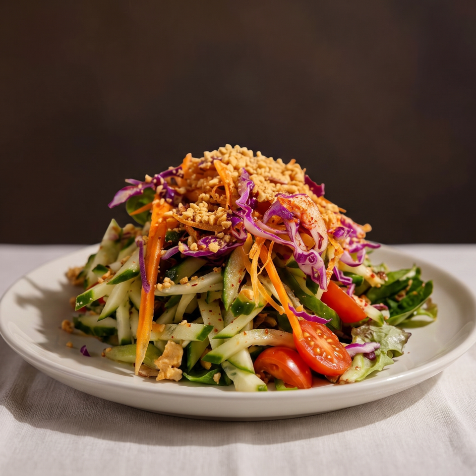 Colorful salad with shredded carrots, purple cabbage, cucumbers, tomatoes, and peanuts on a white plate.