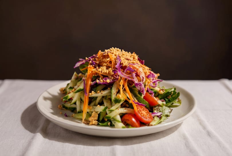 Colorful salad with shredded carrots, purple cabbage, cucumbers, tomatoes, and peanuts on a white plate.
