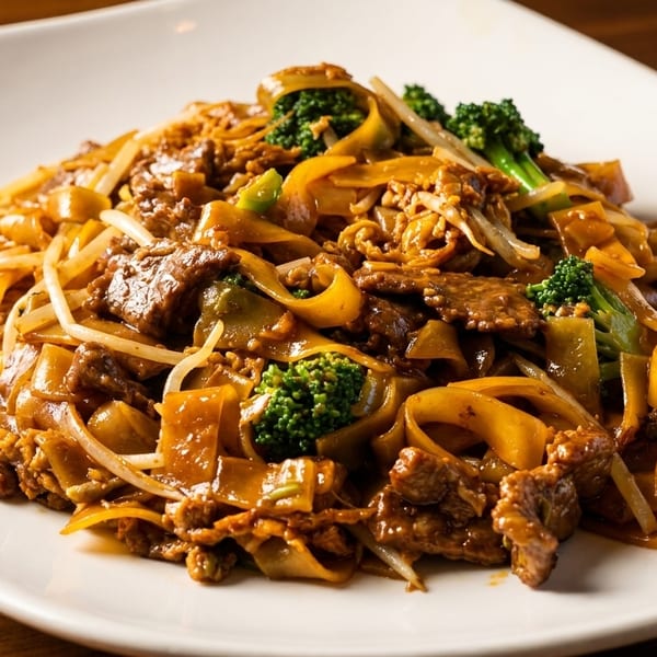 Close-up of a white plate filled with beef and broccoli stir-fried noodles.