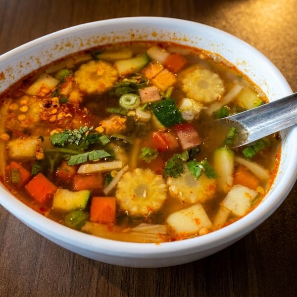 Spicy vegetable soup with baby corn, carrots, and zucchini in a white bowl with a spoon.